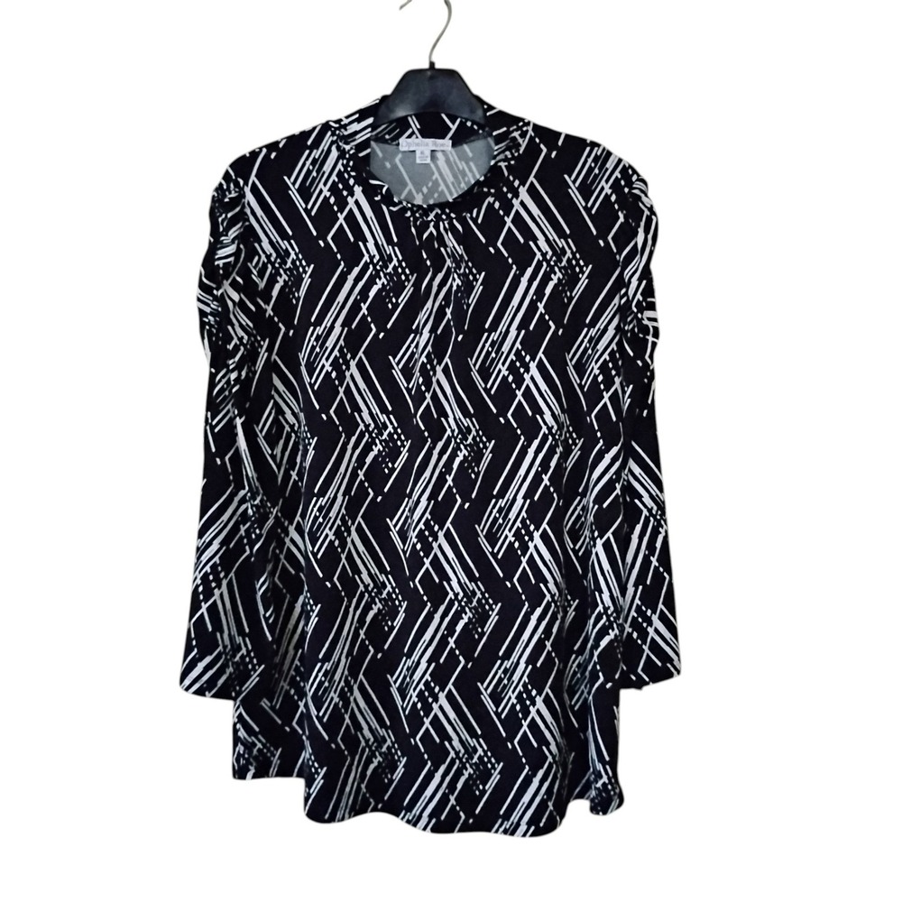 Ophelia Roe Womens XL Black White Geometric Abstract Mock Neck Puff Blouse